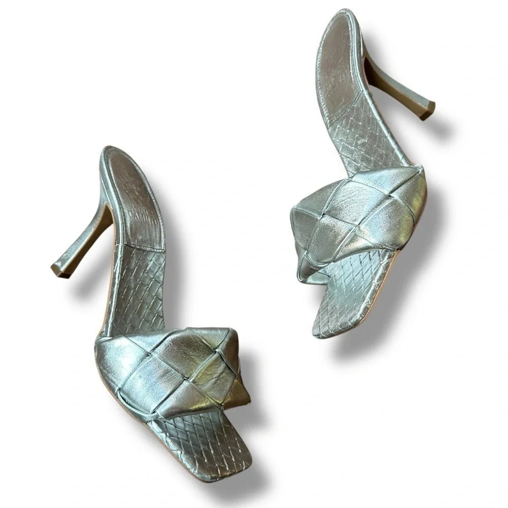 Vince Camuto Brelanie Silver Leather Braided Strap Heeled Slide Sandals | 8.5